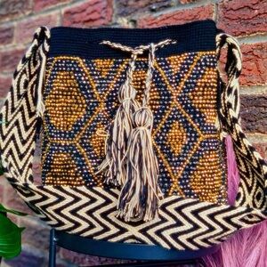 Wayuu Handcrafted Black and Gold Beaded Women Bag with Swarovski sparkles